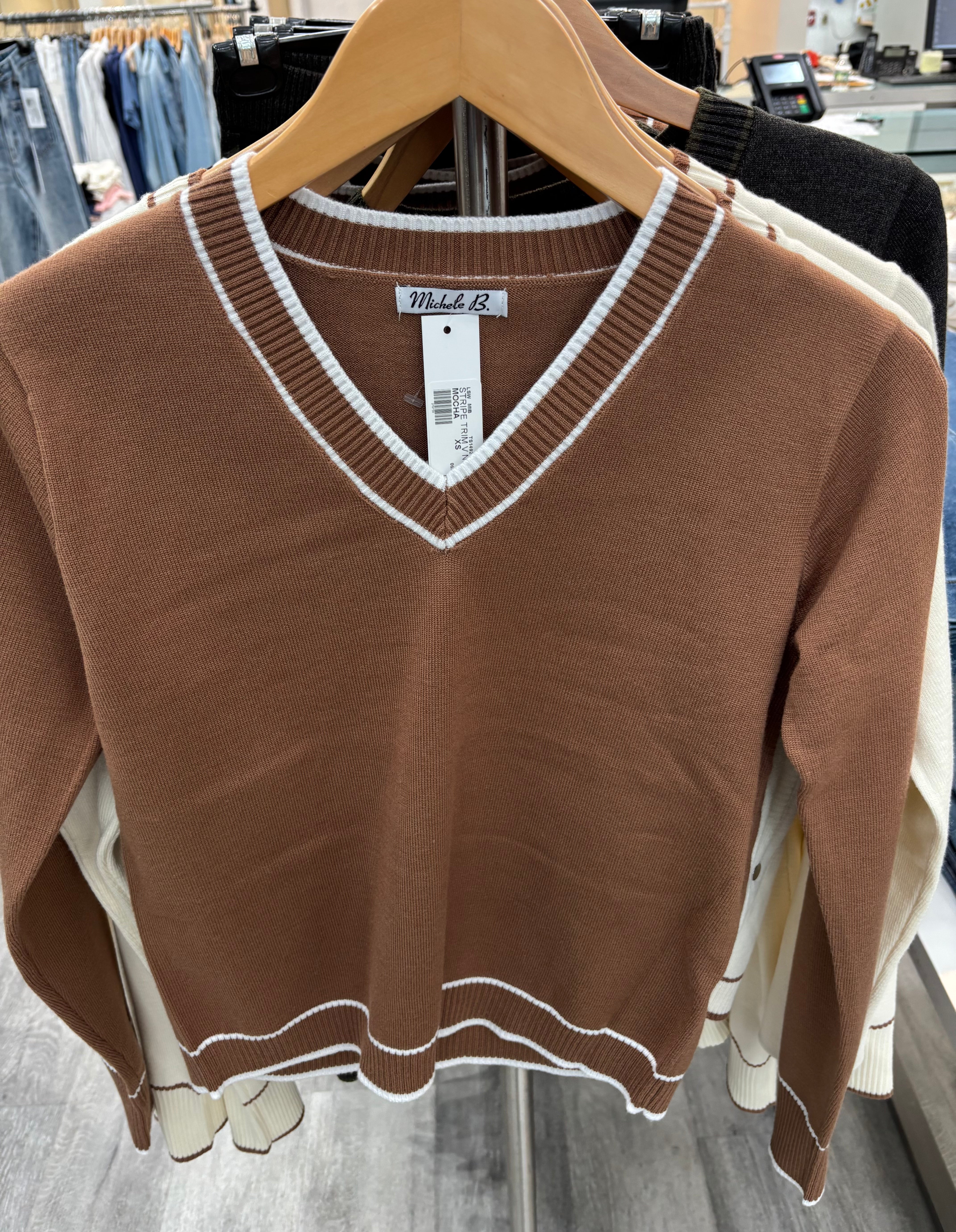 Stripe trim V neck sweater