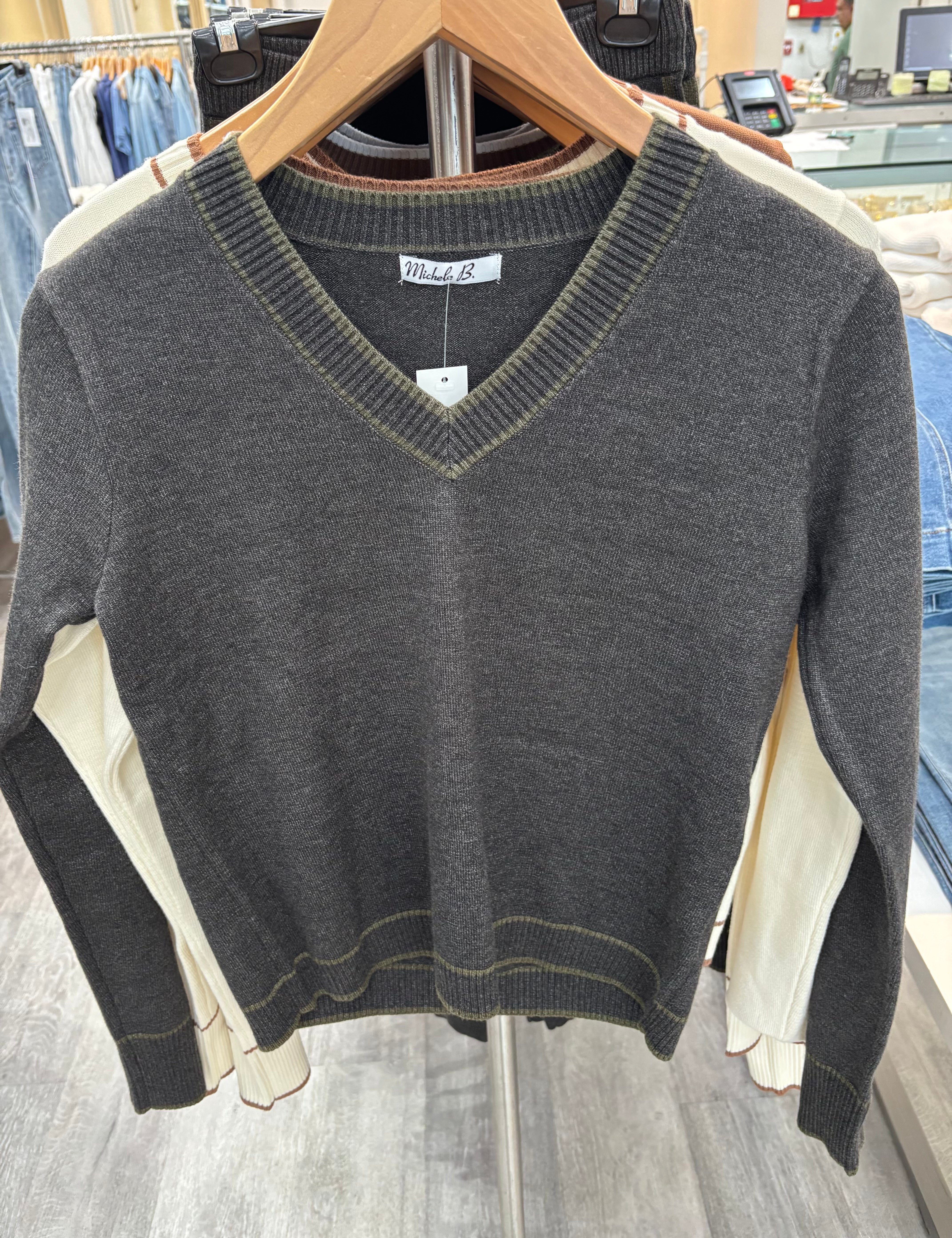 Stripe trim V neck sweater