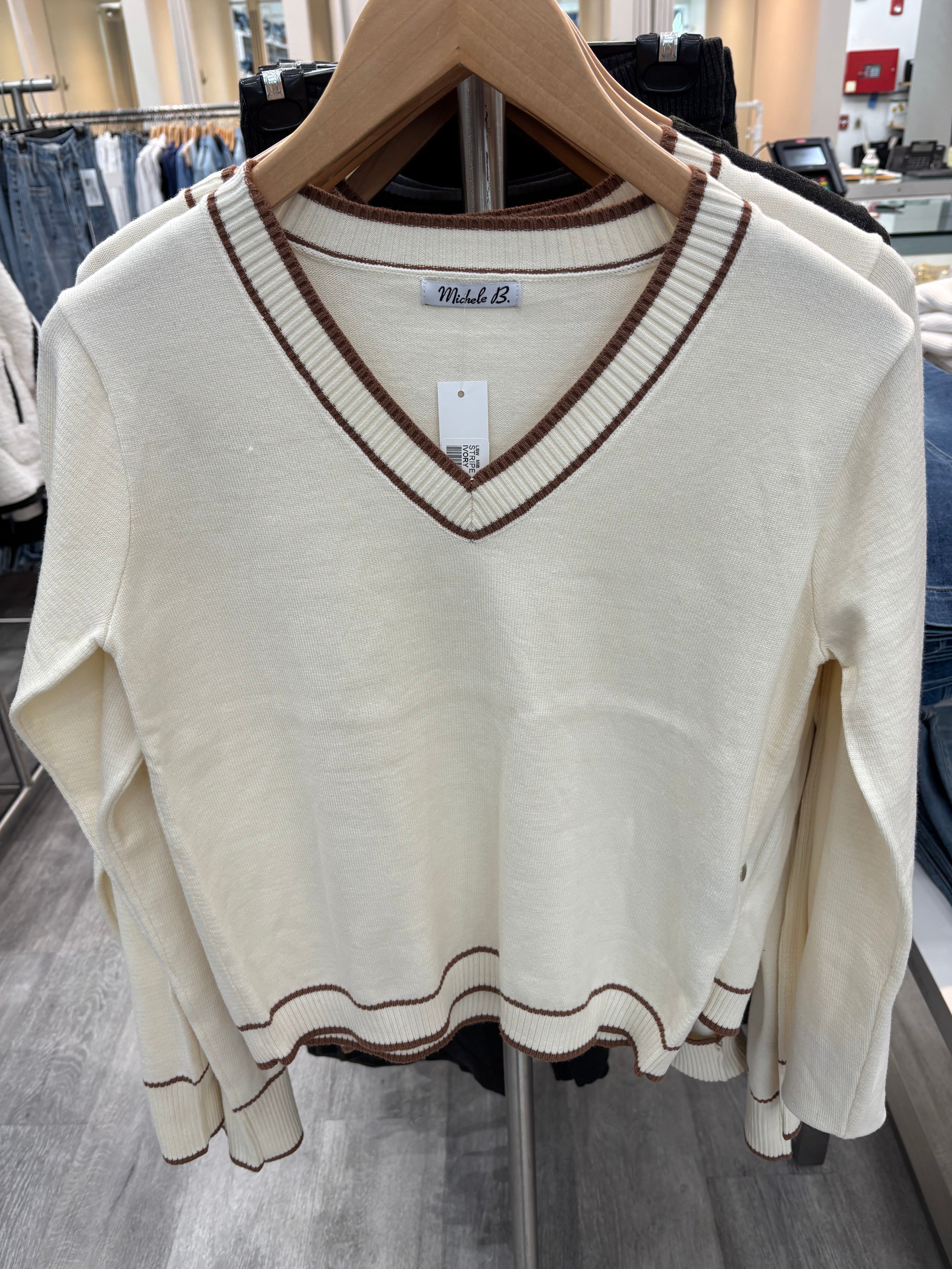 Stripe trim V neck sweater