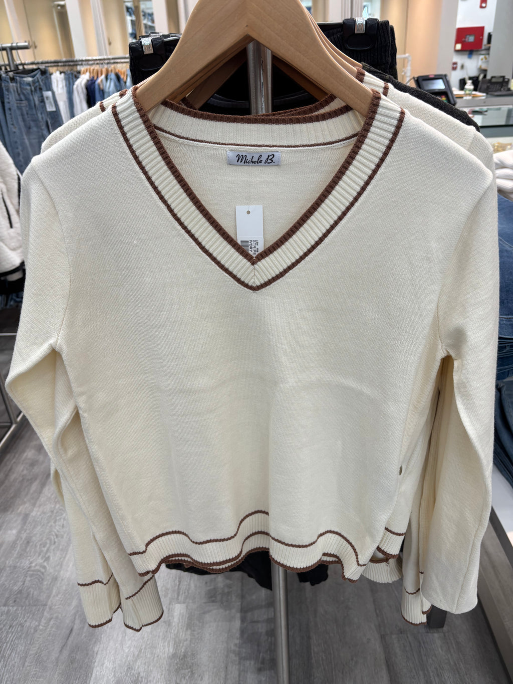 Stripe trim V neck sweater