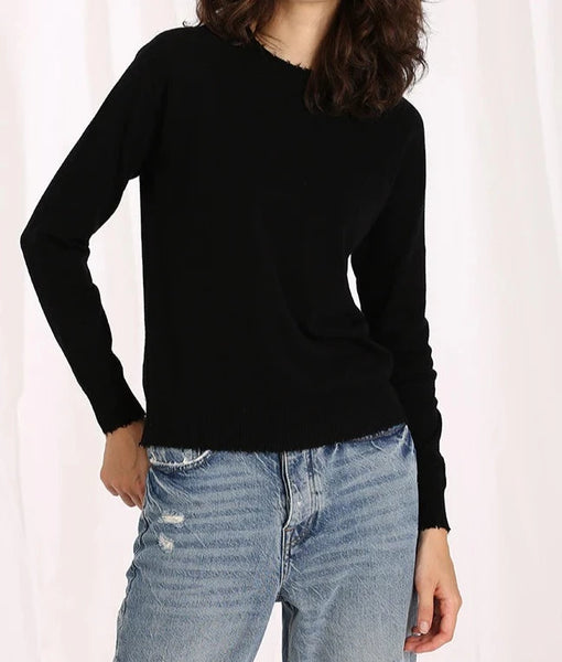 Minnie Rose Cashmere Long Sleeve Frayed Edge Crew Havana Jeans